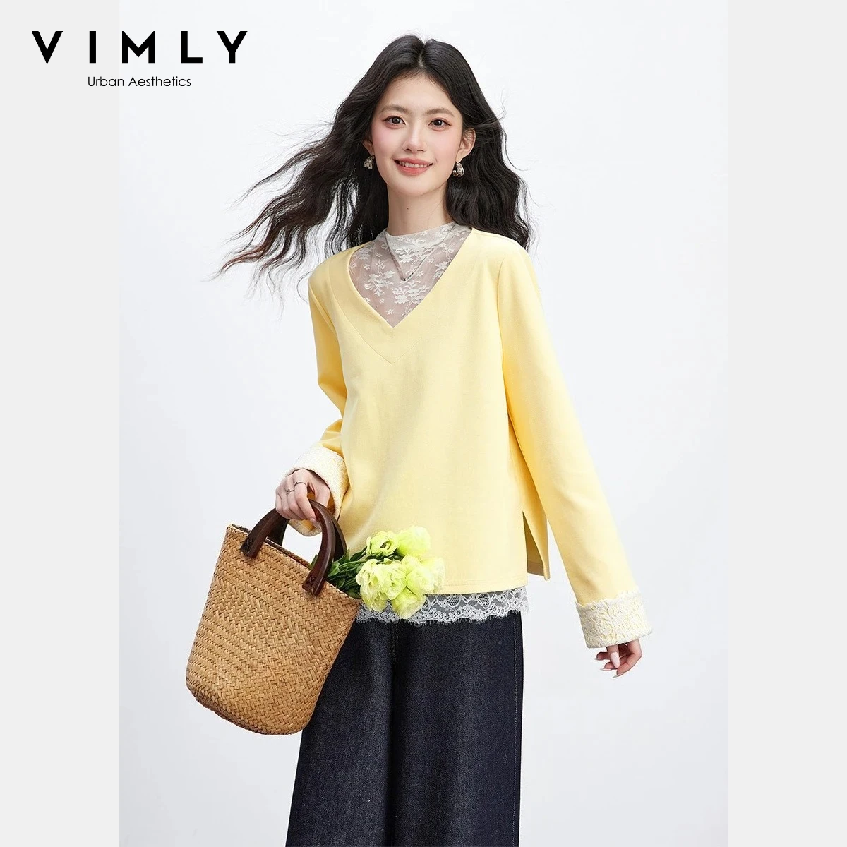 

VIMLY Women's Two-Piece Set 2026 Spring New Stand Collar Lace Base Layer V-neck Loose Sweatshirt Casual Long Sleeve suit A3997
