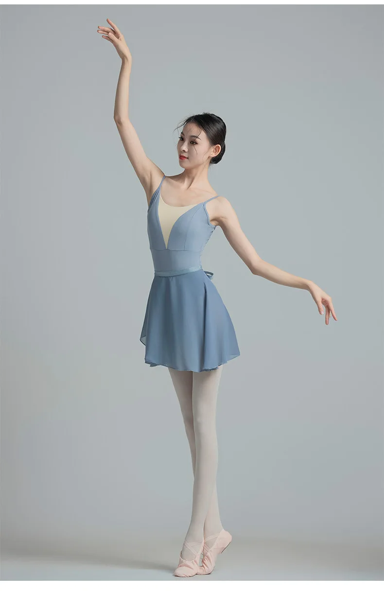 Elegantes, stilvolles Ballett-Gymnastik-Trikot mit hohem Rückenausschnitt, U-förmigem Rücken, Netzstoff-Fischschwanz-Einsatz und Kragen für Schwanentanz-Training – Detail 34