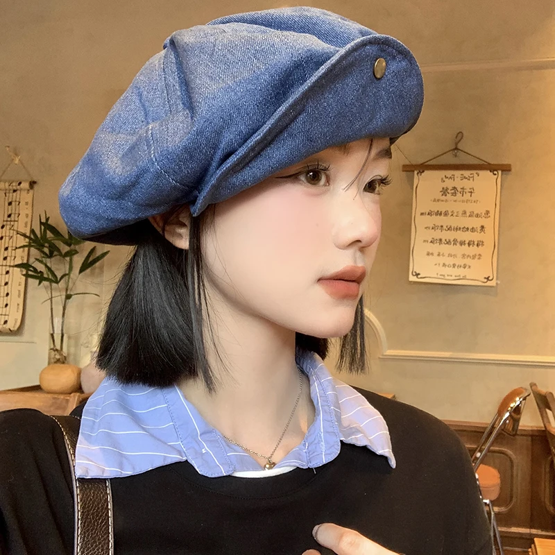 Japanese Flanged Blue Denim Berets Caps for Women Spring and Autumn Niche Design Bud Painter Hat Oversized Retro Octagonal Hats