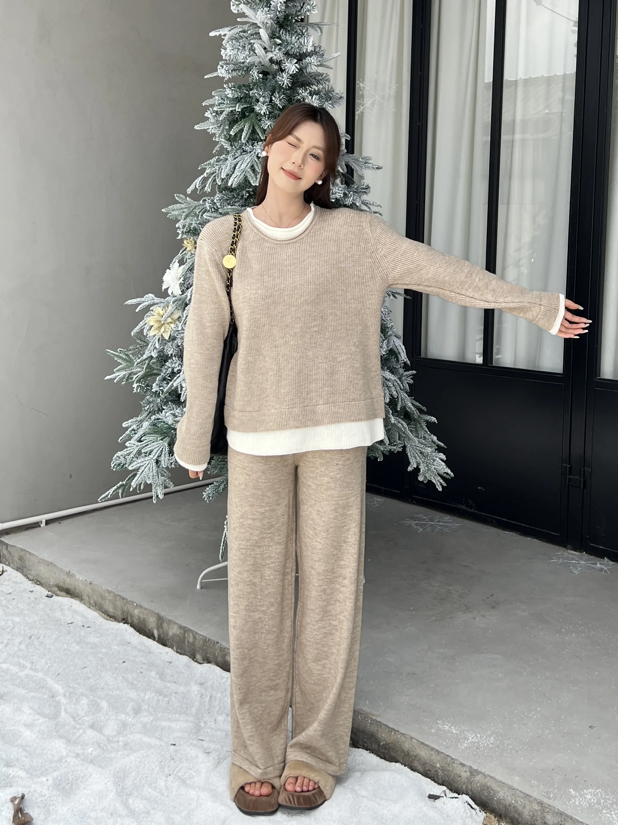 New Korean Fashion Two Piece Set Women Casual Knitted Wool Patchwork Long Sleeve Sweater Tops + Wide Leg Pants Trousers Sets