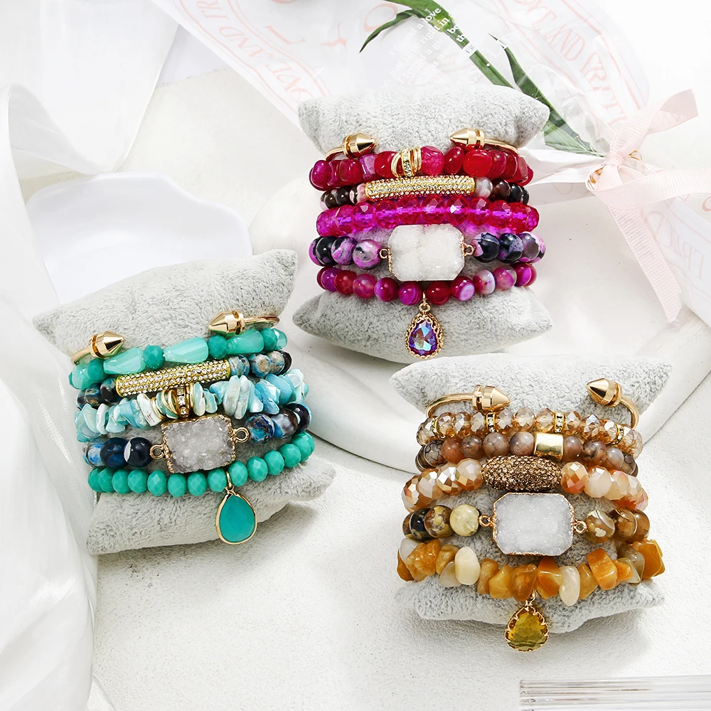 

Fashion Trend Bohemian Vacation Women Jewelry 6pcs Natural Stone Glass Shell Elastic Stack Bracelet Set Nail Opening Bangle