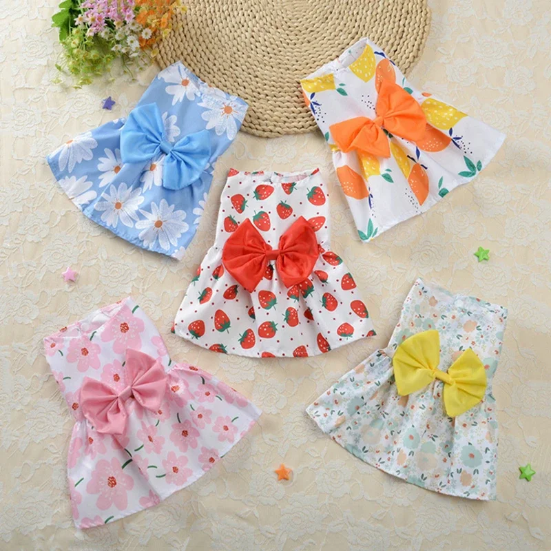 Dog Floral Dress Cute Snap Style Thin Bow Princess Dress Small Fresh Sweet Spring Summer Section Wedding Dresses Dog Cat Skirt