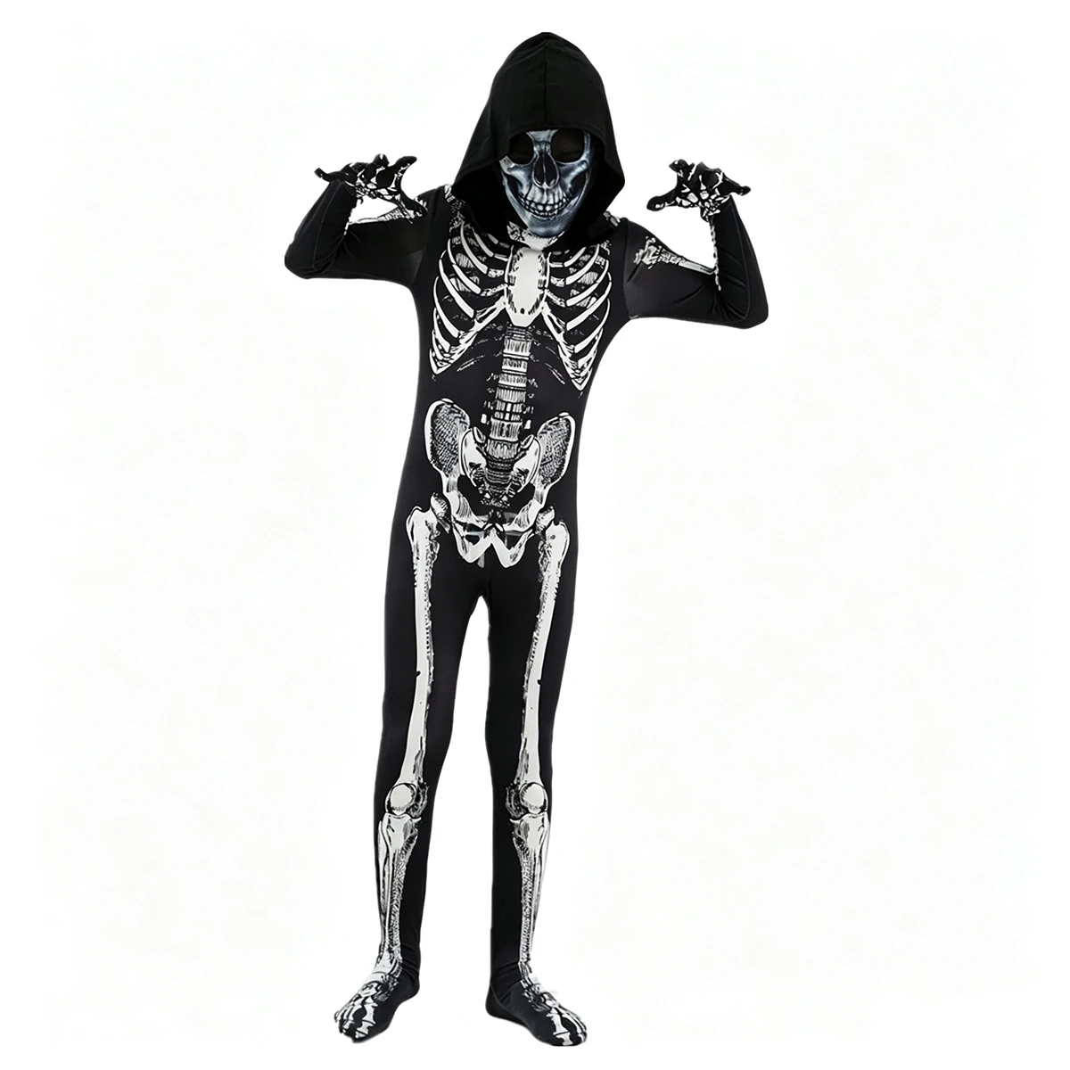 Scary Halloween Grim Reaper Skeleton Role Play Costume Printed Horror Mask Play Zipper Jumpsuit Kids  Party Performance Costume