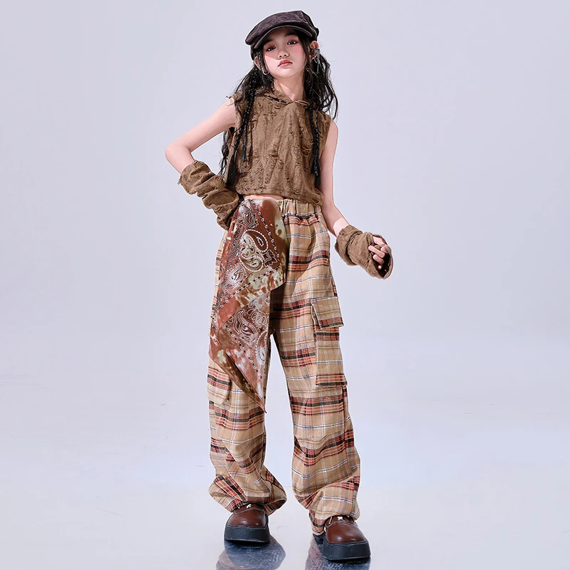 Gothic Style Kpop Clothing Hazz Dance Costume Girls Hooded Navel Tops Checked Pants Street Dance Hiphop Performance Suit BL15745