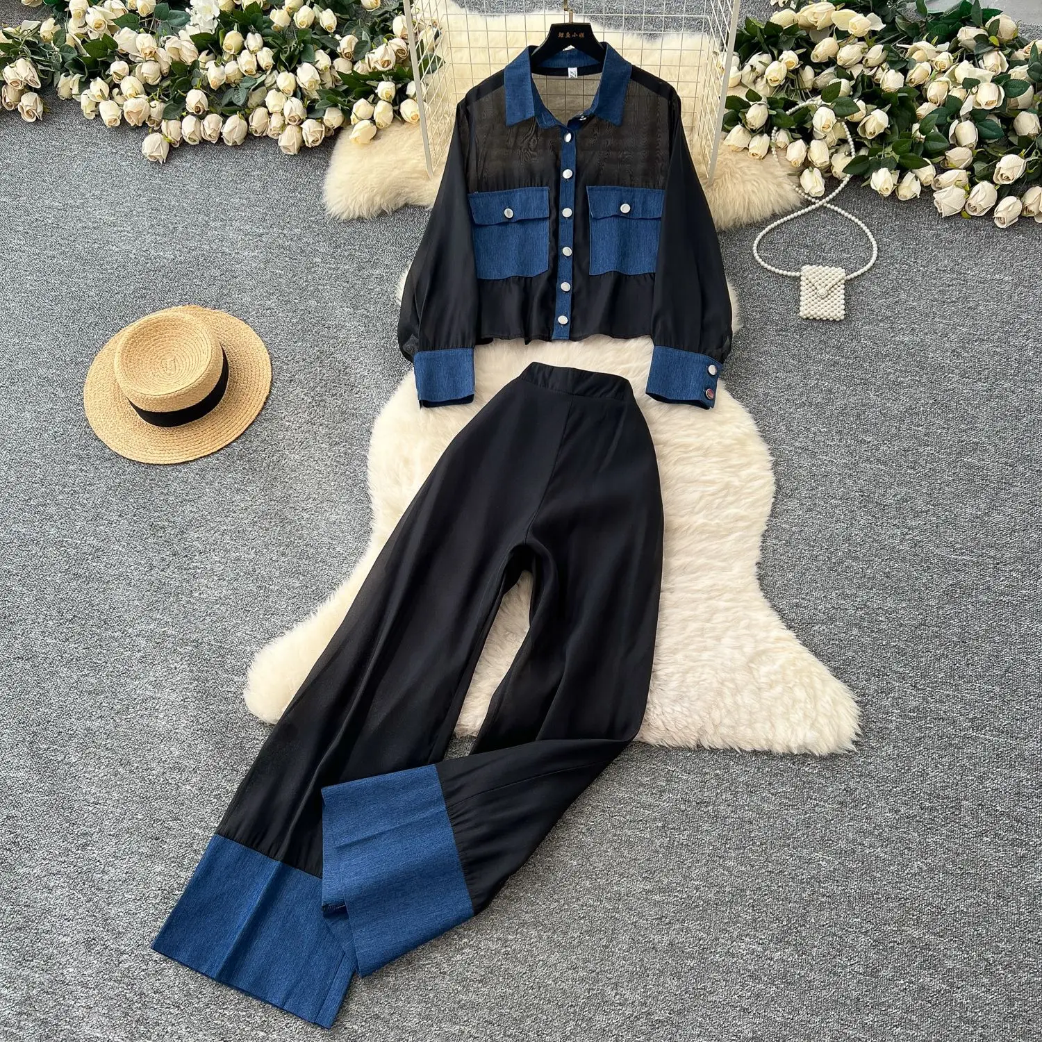 

Women Pant Set Two Piece Sets Turn Down Collar Full Sleeve Shirt Tops Wide Leg Long Pants High Waist Y2k Streetwear Work