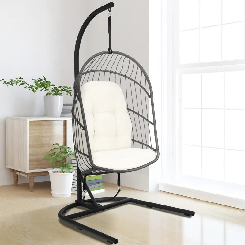 Foldable Hanging Wicker Egg Chair w/ Stand Cushion Outdoor Indoor Patio Swings
