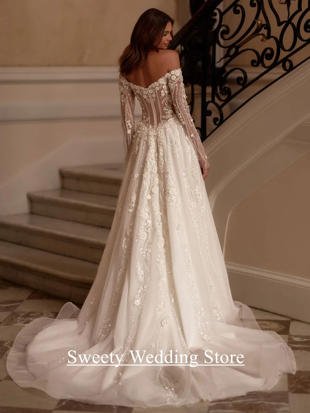 Romantic Tulle Wedding Dress Customized Boat Neck Long Sleeves Sparkling Beading Flowers Applique Illusion Back Bridal Gown