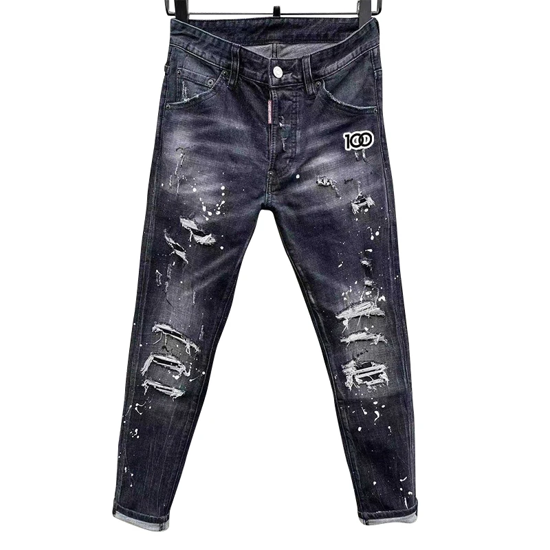 100 chareiharper c051 Men\'s skinny Skinny jeans Ripped Fabric Non-stretch Paint Splash vintage jeans