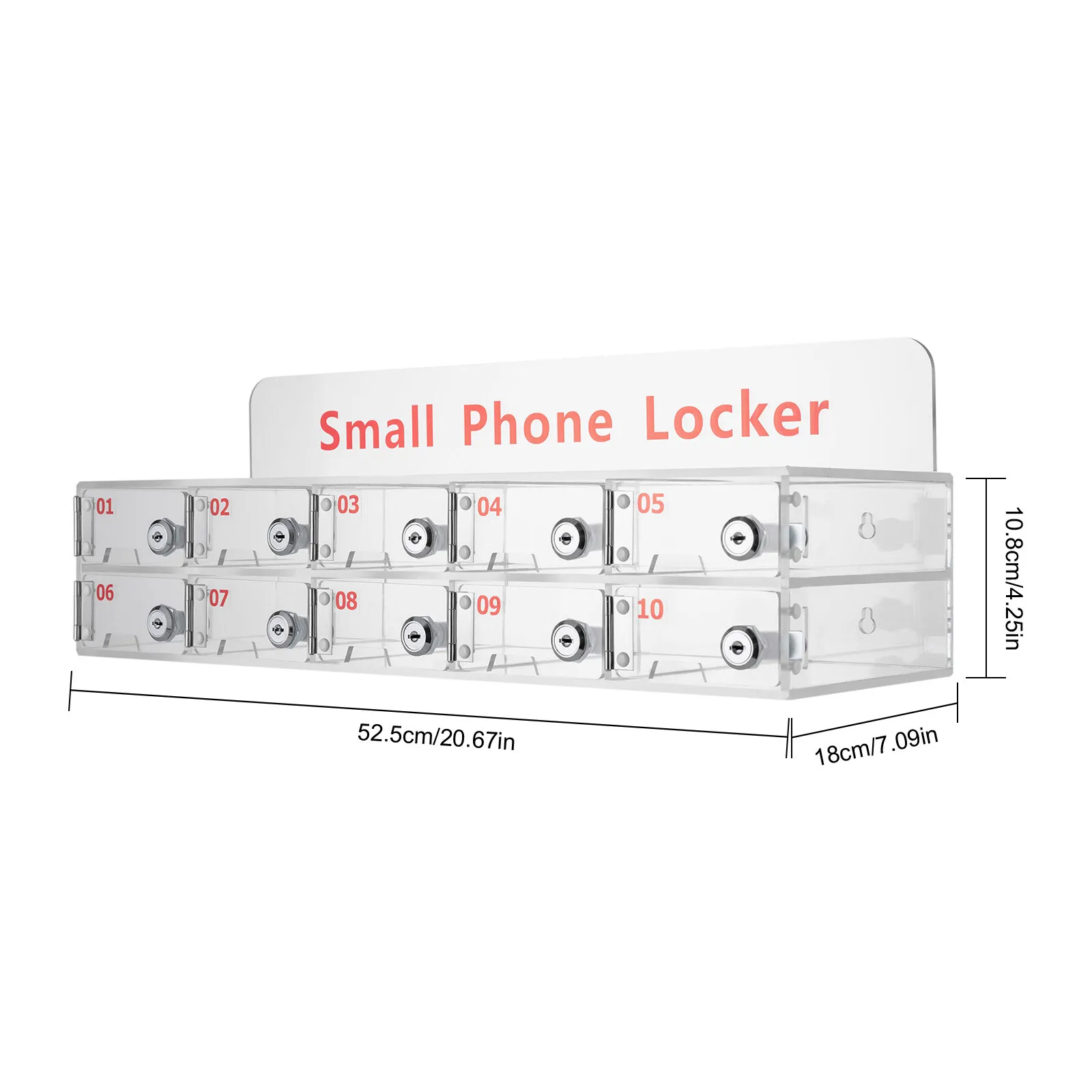 Clear 10 Slots Cell Phone Locker Box Cell Phone Storage Acrylic Cell Phone Lock Box with Door Locks 304 Stainless Steel Hinge