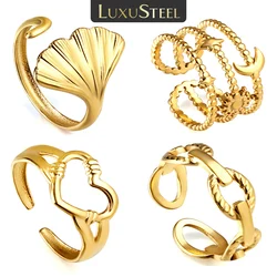 LUXUSTEEL Stainless Steel Rings for Women Shell Heart Ring Golden Color Open Adjustable Fingers Rings Party Holiday