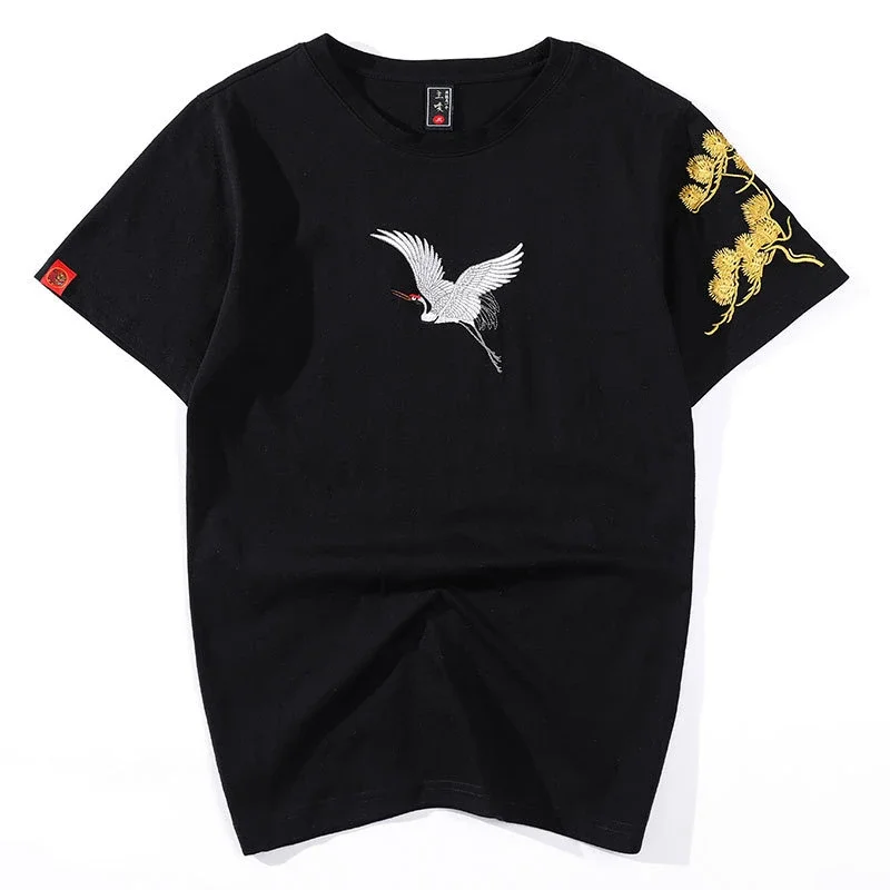 Lyprerazy Embroidery Red-crowned crane Hip hop T shirt Short Sleeve Cotton T-shirt Harajuku Streetwear Chinese Tee Tops