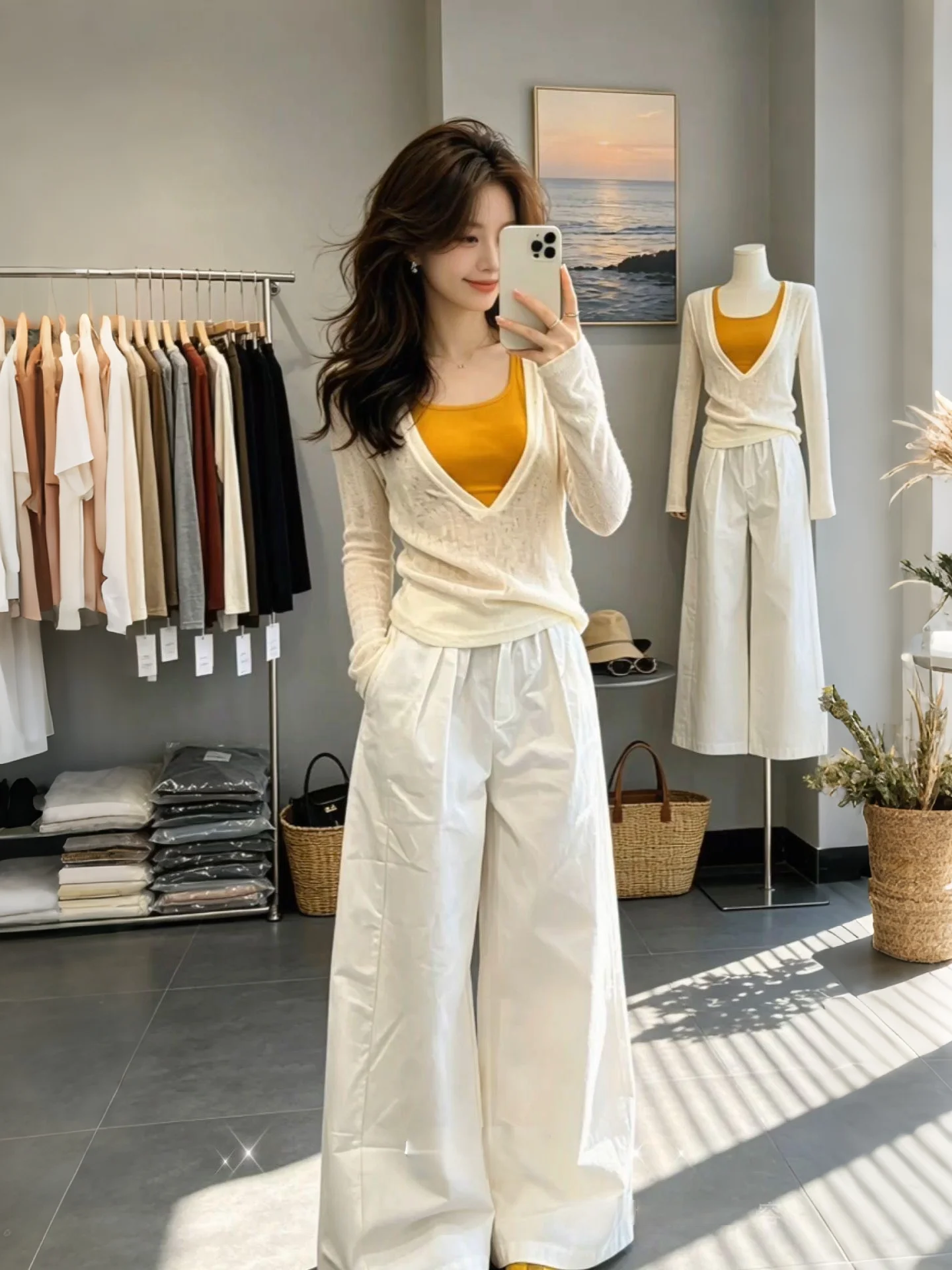 

Unique Beautiful Orange Strap Vest Knitted Top And Bottom Set Women's Fashion Design Summer Breathable Lightweight Casual Wear