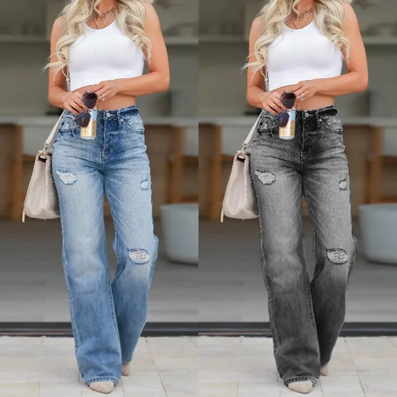 

2025 New Loose and Versatile Comfortable High Waist Straight Pants Washed Hole Stretch Blue Jeans Fashionable Sexy Trousers