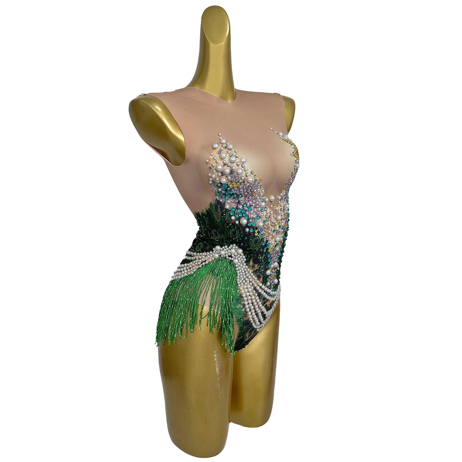 Sexy Jumpsuit Colorful Pearl Rhinestone Ultra High Stretch Spandex Tight Shorts Beach Birthday Party Dress Pole Dance Dress haoc