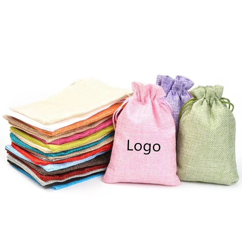 

50pcs/lot 13*18cm/5*7inch Burlap Jute Linen Bags Drawstring Pouches Wedding Birthday Party Christmas Gift Bags Print Custom Logo