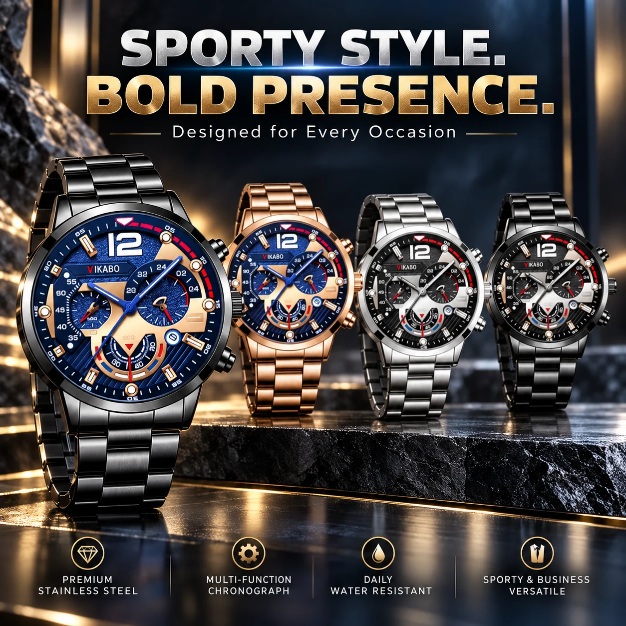 VKABO Men's Sports Watch, Multi-Dial Analog Wristwatch with Stainless Steel Metal Bracelet, Bold Luxury Business Style for Men