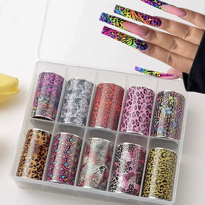 10 Roll Luxury Pink Leopard Print Nail Foils Transfer Decals Zebra Snake Print Acrylic Nails Design Manicure Decorations