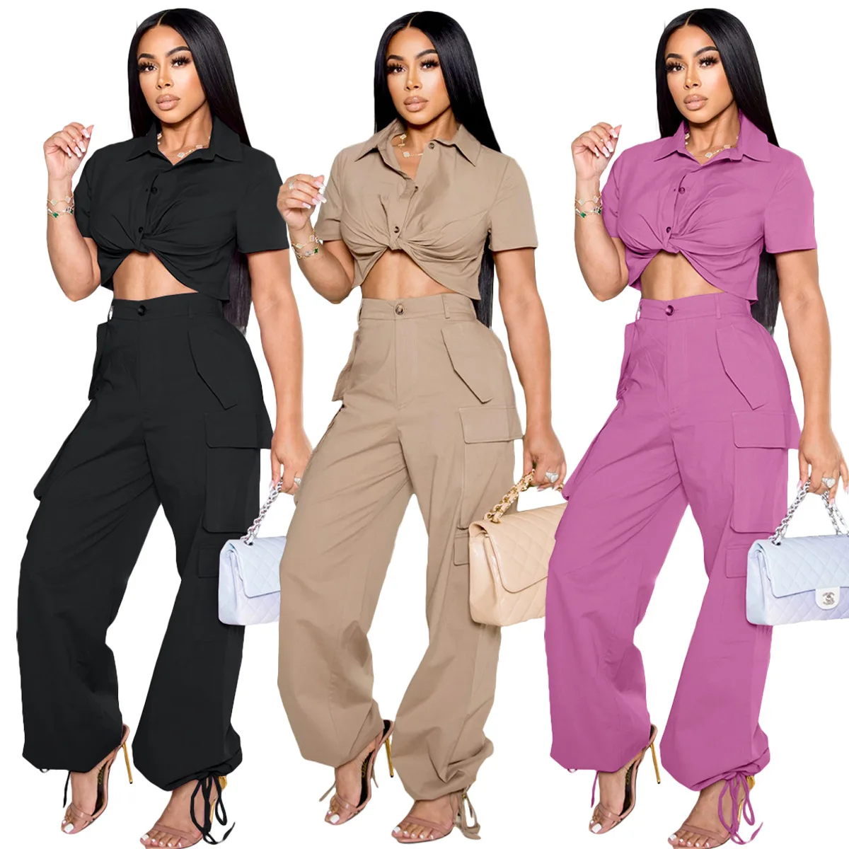 

Fitness Women 2 Piece Set Solid Short Sleeve Button Up Blouse High Waist Baggy Cargo Pant 2023 Summer Workout Activewear Outfits