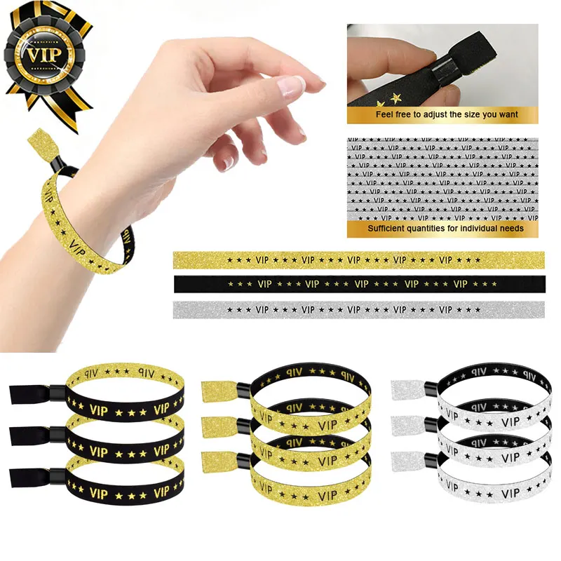 Pulseiras de tecido VIP com glitter dourado, 10 peças, pulseiras VIP para eventos, casamentos, concertos, festivais, festas e casas noturnas