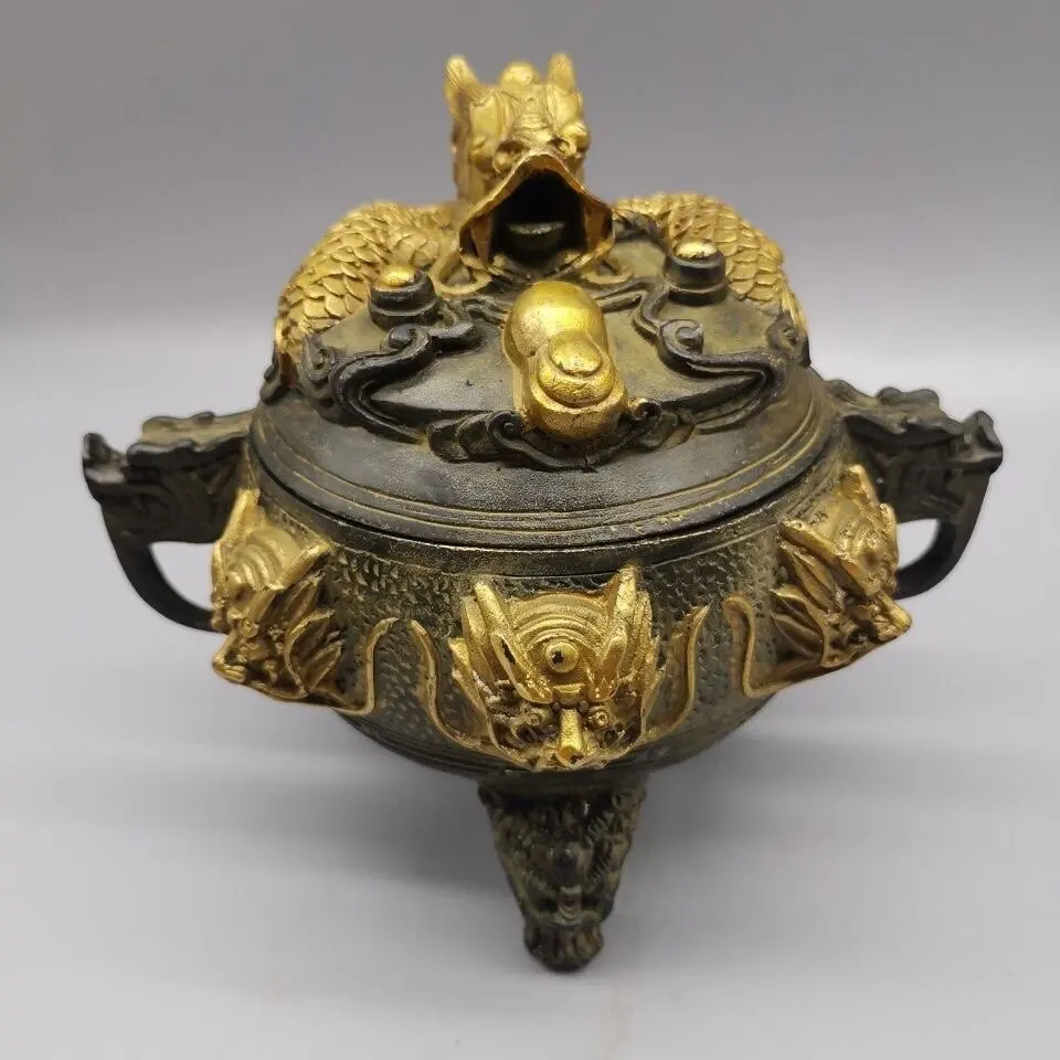 Gilded Nine Dragon Copper Incense Burner Vintage Home Living Room Study Decor