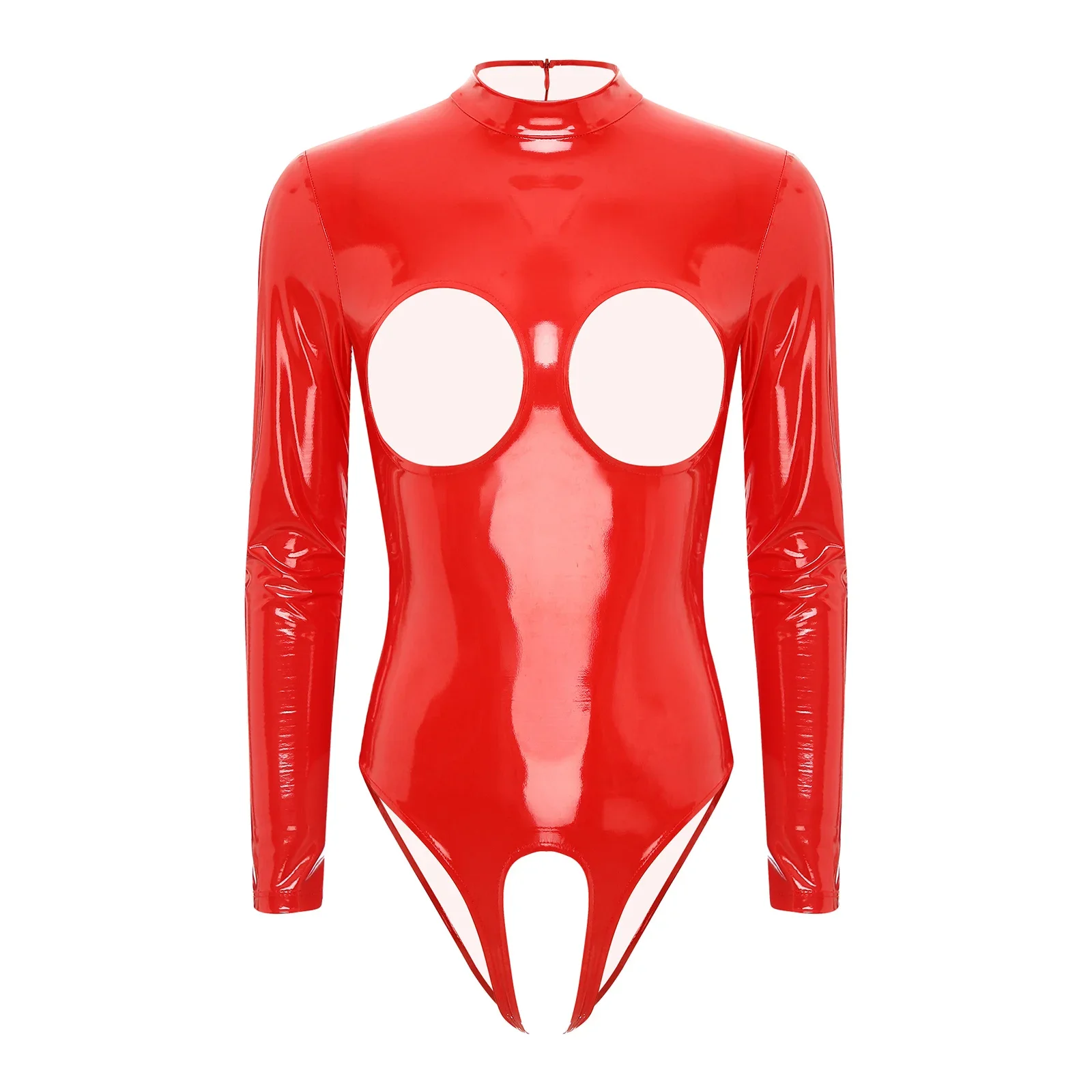 Bodysuit de couro envernizado de peça única feminino, roupa interior sexy, copo aberto catsuit crotchless, olhar molhado brilhante, casaco de manga comprida, macacão