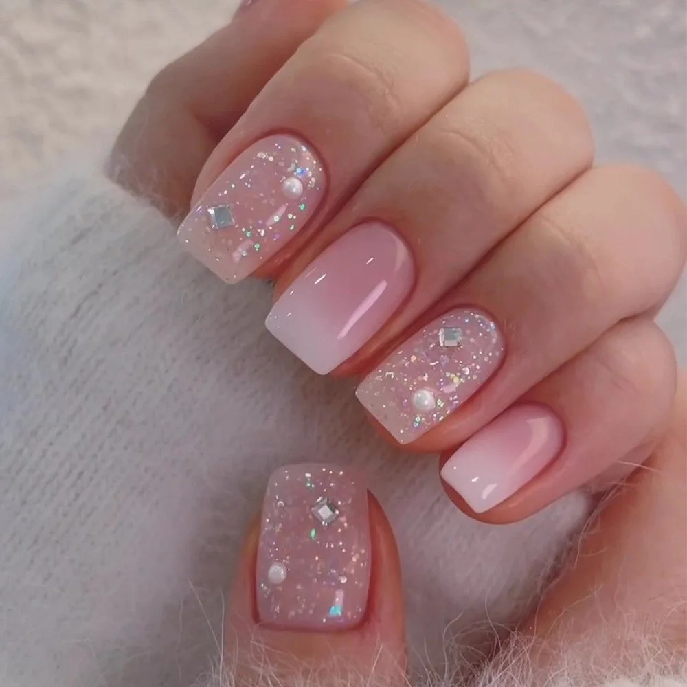 Faux ongles français à paillettes, 24 pièces, avec diamant cassé, aurore colorée, pointes à pression, manucure de Ballet portable