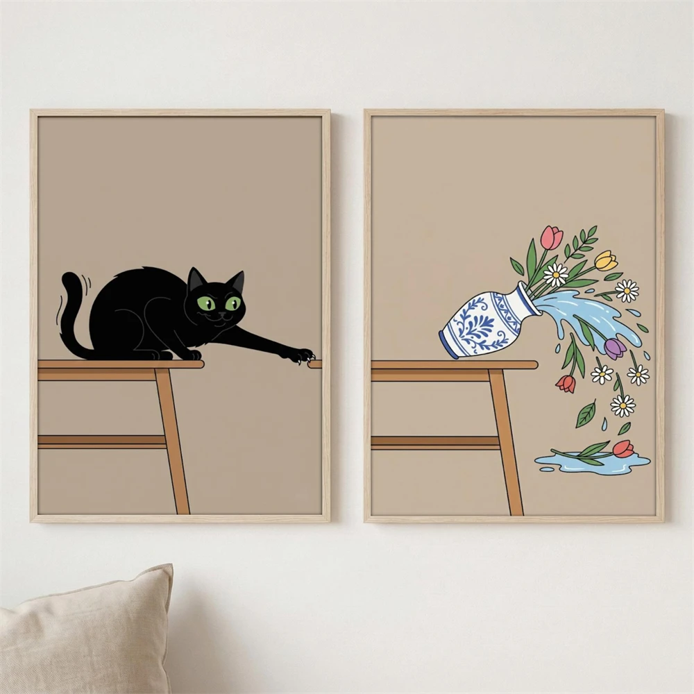 2 PCS Funny Black Cat Prints Cat Knocking Over Vase Poster Humorous Pet Art Canvas Painting Minimalist Wall Decor