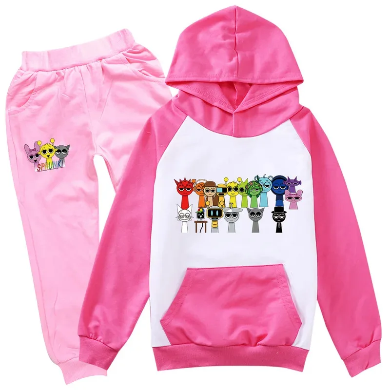 Sprunki conjuntos de roupas estampadas crianças terno de aniversário do bebê meninos meninas fatos de treino crianças marca ternos esportivos hoodies top + calças 2 peças conjunto