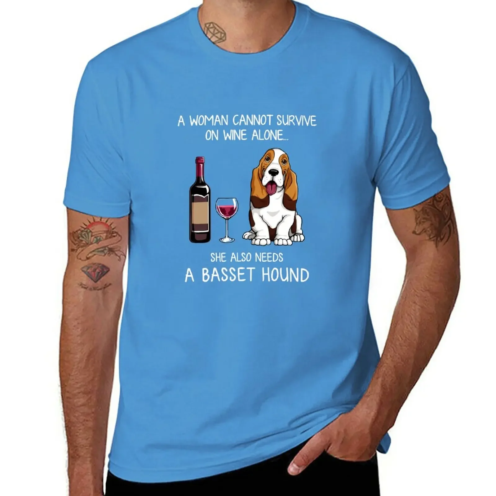 2024 summer new men t shirt Basset Hound and wine Funny dog T-Shirt Blouse short sleeves pure cotton tops casual streetwear