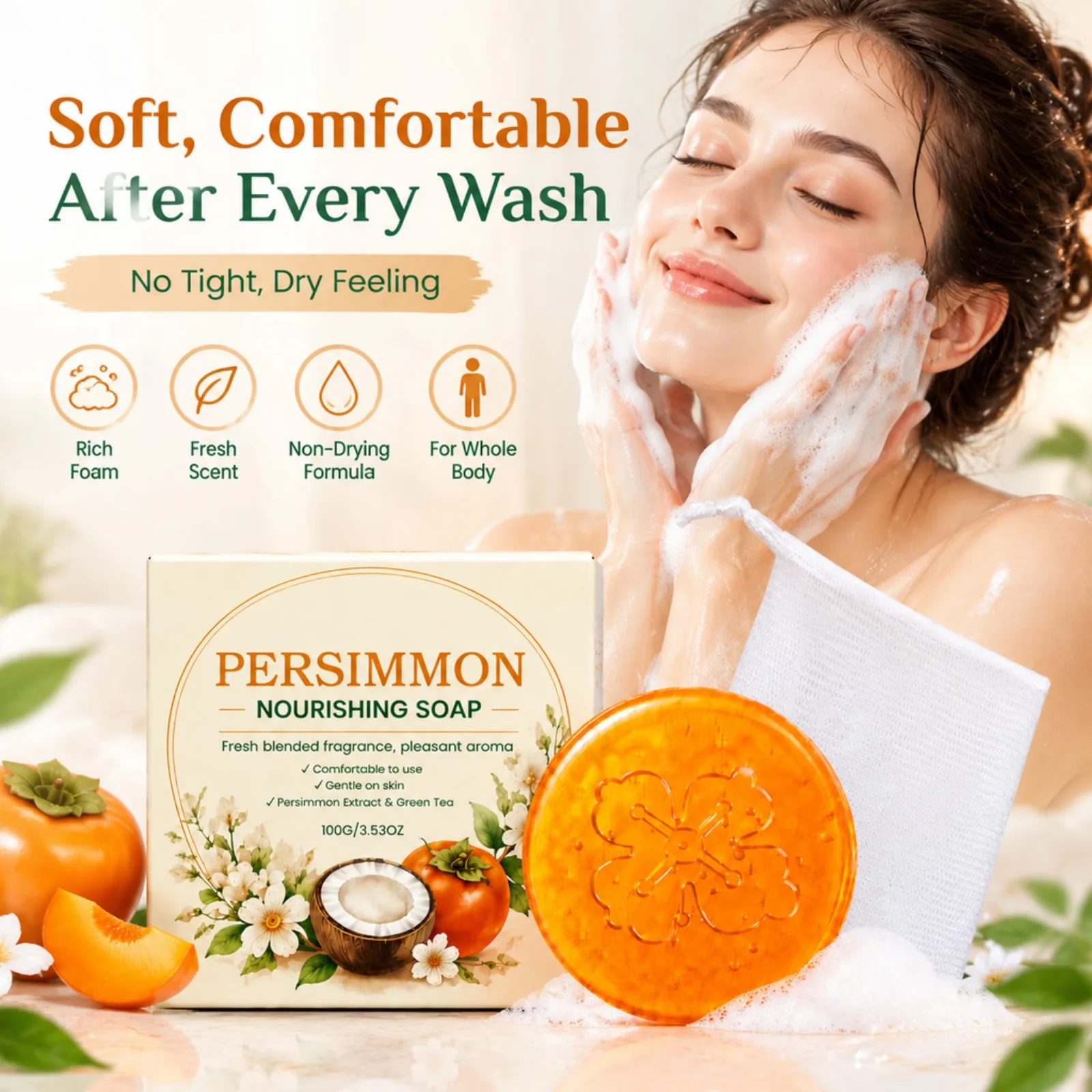 Persimmon Nourishing Soap 100g Surface Oil Cleansing Fresh Sensation Moisture Balance for Full Body Skin Daily Bath Care