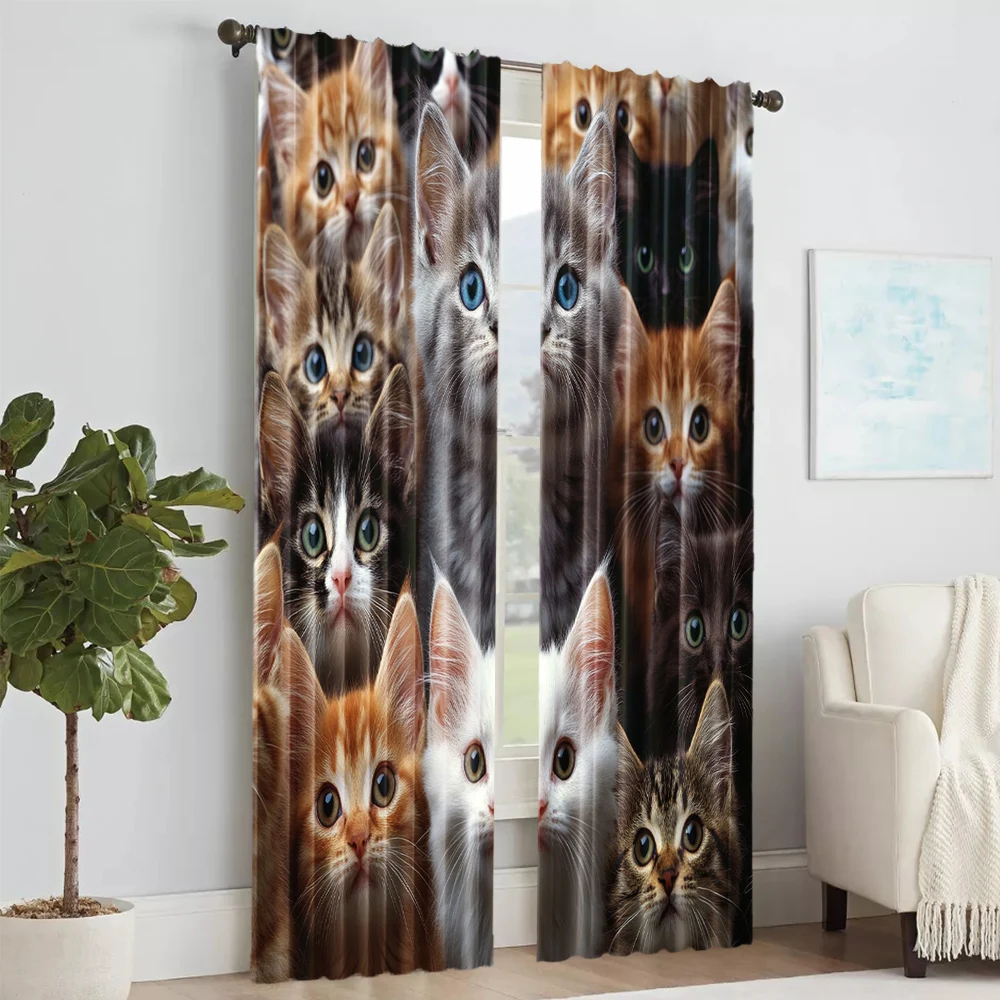 2 pcs, versatile polyester transparent curtains for home decoration Cute Cats for use in bedrooms and living rooms