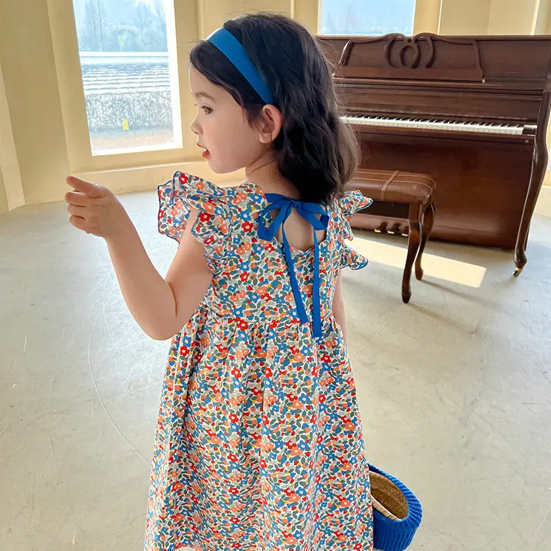 Girls' Single-Breasted Floral Flying Sleeve Dress Princess Style New Summer Children's Clothing