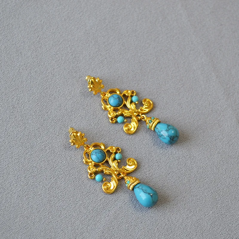 Golden baroque Byzantine turquoise elegant exaggerated long pendant earrings for women