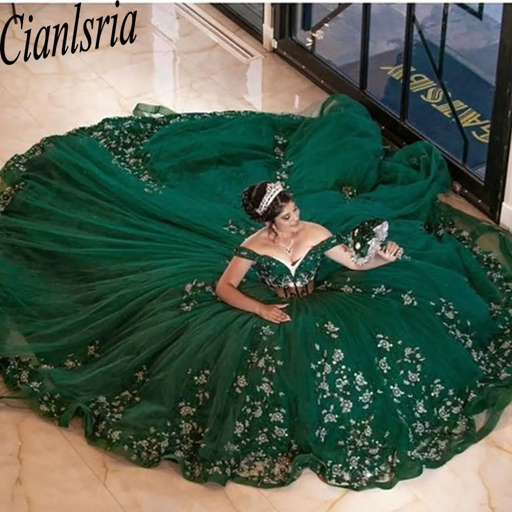 Emerald Green Crystal Beading Sequined Appliques Quinceanera Dresses Ball Gown Off The Shoulder Corset Vestidos De 15 Años