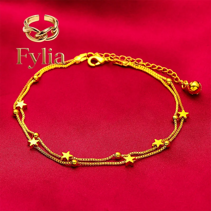 

Fylia Jewelry Star & Bell Anklet for Women, 24K Gold, AU999 | Polished stars & jingling bells on adjustable chain, playful for