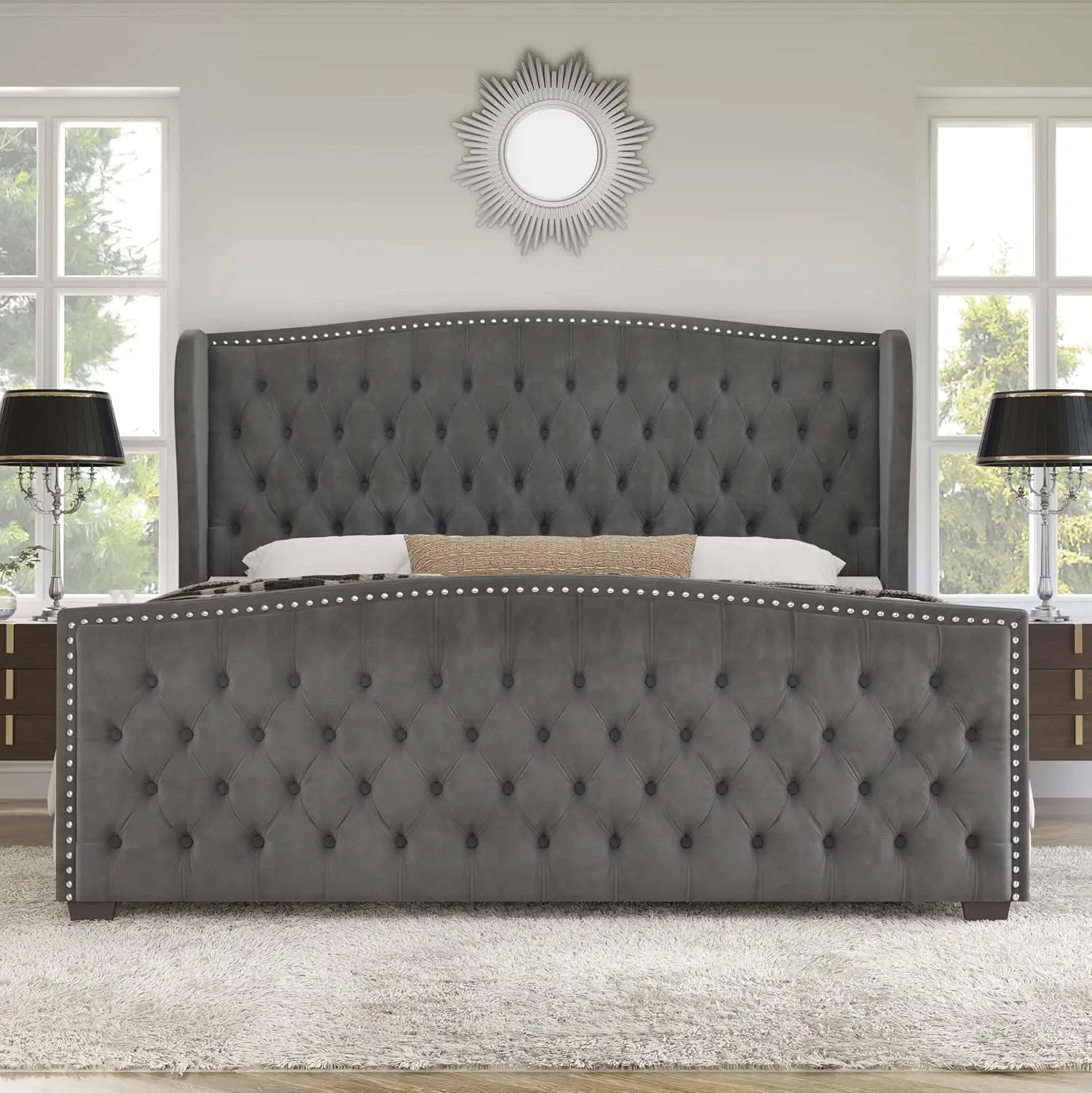 

King Size Platform Bed Frame, Velvet Upholstered Bed with Deep Button Tufted & Nailhead Trim Wingback Headboard