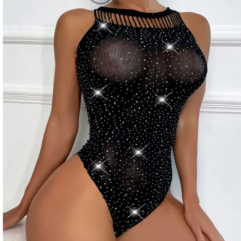 Fashion Bling Rhinestones Fishnet Black Bodysuit Sexy Lingerie For Women Summer Transparent Jumpsuit Mesh Porno Body Stockings
