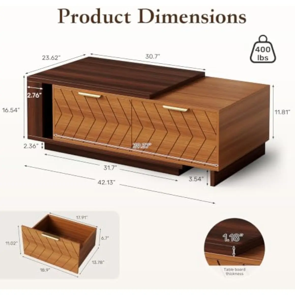 42 to 65 inch adaptable center table with seamless sliding mechanism dual-tone engineered wood finish two smooth-gliding storage