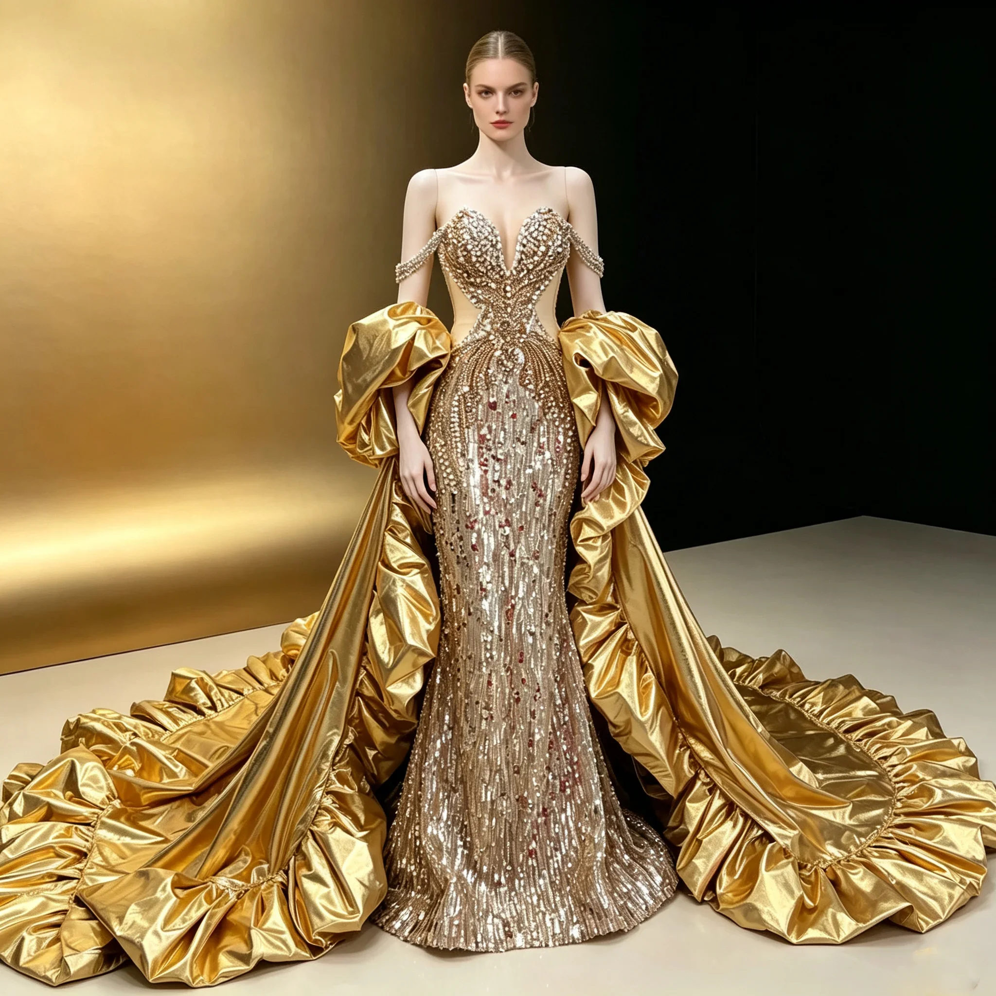 Gold Metallic Satin Ruffled Oversized Puffy‑Sleeve Shawl Detachable Long Ruffle Train Cape Glossy Shiny Fabric Formal Eve Custom