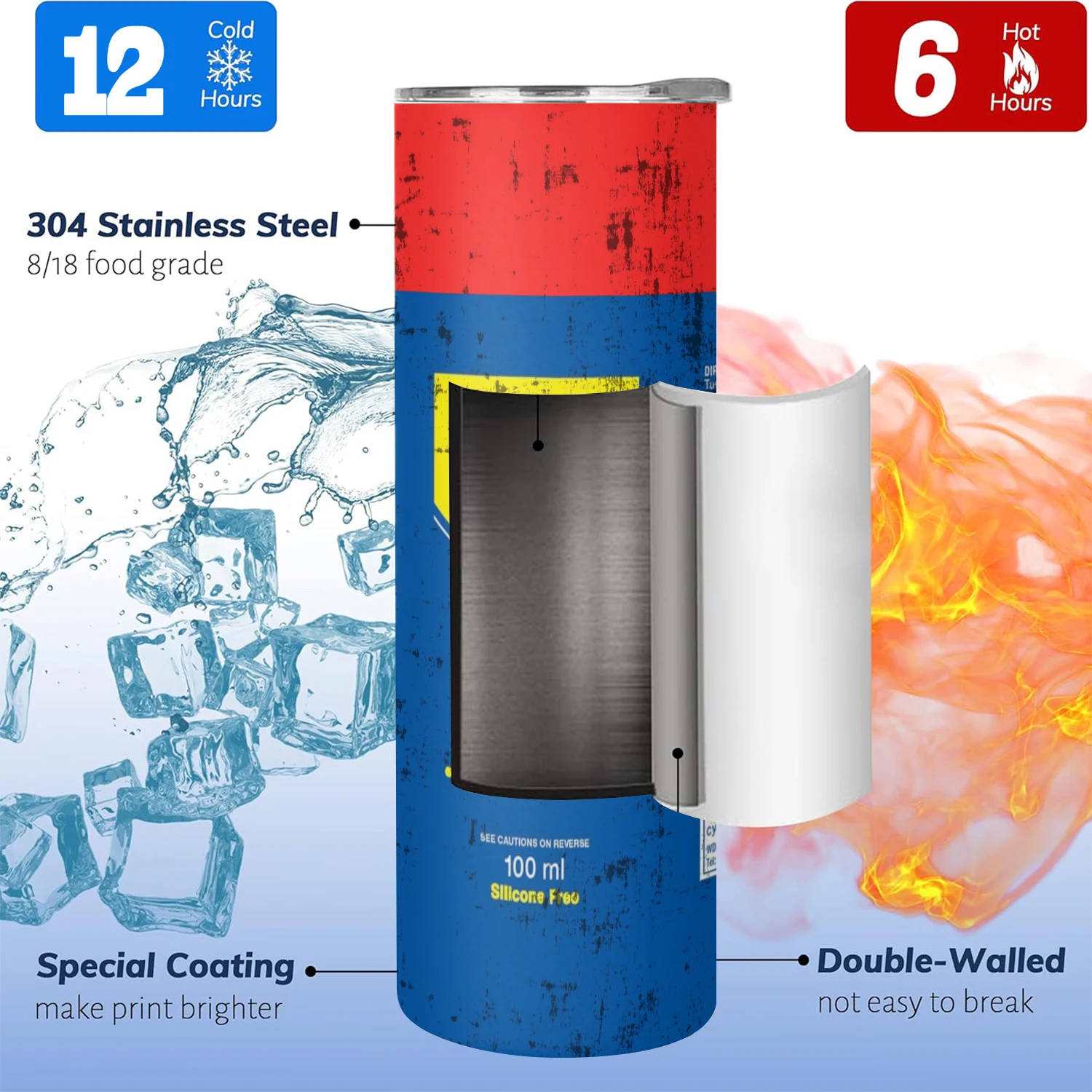20Oz WD40 Mechanic Oil Vacuum cup Stainless Steel  Double Wall Insulated Tumbler with Lid for Cold Hot Drink Coffee Mug printed