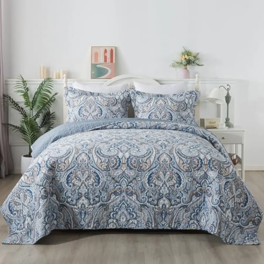 

King Size Quilt Set Crown Grey King Quilt 3 Pieces Lightweight Cotton Bedspread Soft Bedding Set for All Season Reversible Cove