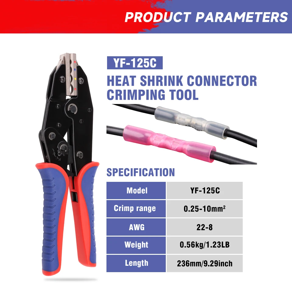 Stoßspleiß-Schrumpfverbinder Crimpzange YF-125C für 0,5–10 mm2 (20–7 AWG) BHT Terminal Ratschen Crimper Ratschenzange – Detail 5