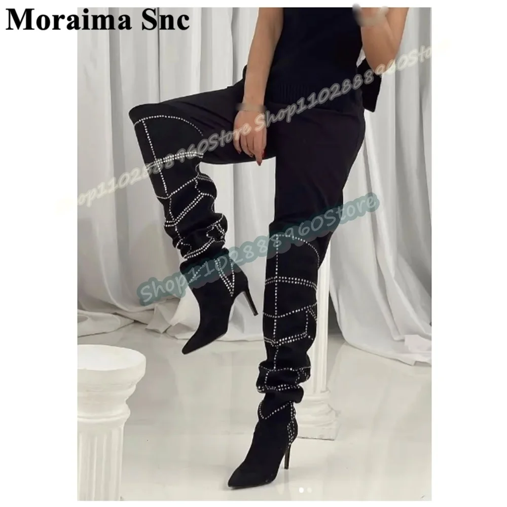 Botas biseladas con cristales aterciopelados negros por encima de la rodilla de talla grande, zapatos de tacón alto con tacones de aguja para mujer, botas informales sin cordones con punta estrecha