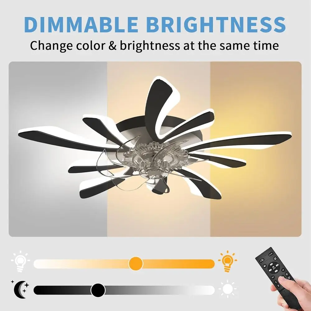 Dimmable Ceiling Fan with Light and Remote Control, 31 Small Mounted Ceiling Fan with LED Lights, APP and Remote Controlled, Bla