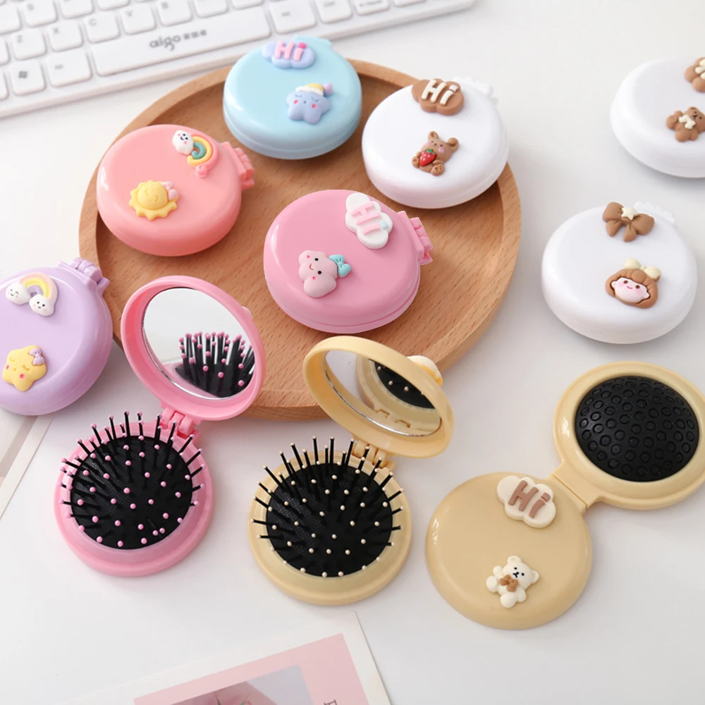 Cute Cartoon Folding Hair Comb with Cosmetic Mirror for Girls Air Cushion Massage Portable Comb Kids Dress Up Makeups Gifts