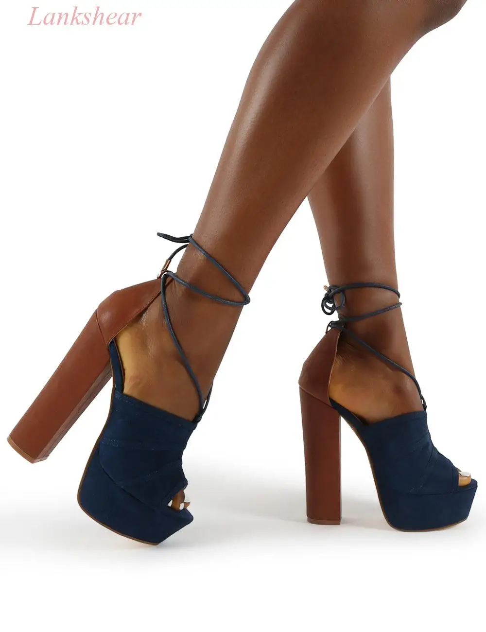 2024 Summer New Women's Navy Peep Toe Platform Block Heels Sandals with Ankle Strap Mixed-Color Sexy High Heel Sandals