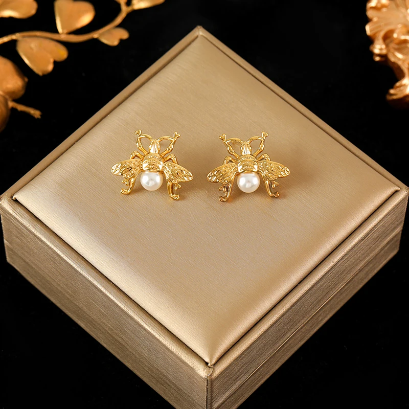 EILIECK 316L Stainless Steel Cute Bee Pearls Earrings For Women Fashion New Party Gift Ear Stud Waterproof Jewelry Bijoux Серьги