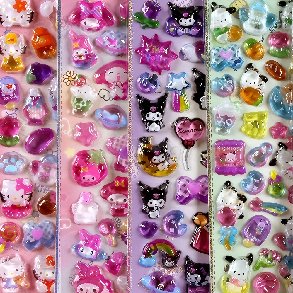 Naklejki 3D Sanrio Cartoon Anime, urocze naklejki z Cinnamoroll, Melody, Kuromi, żelowe kryształowe naklejki DIY, dekoracje na telefon, zabawki dla dzieci.