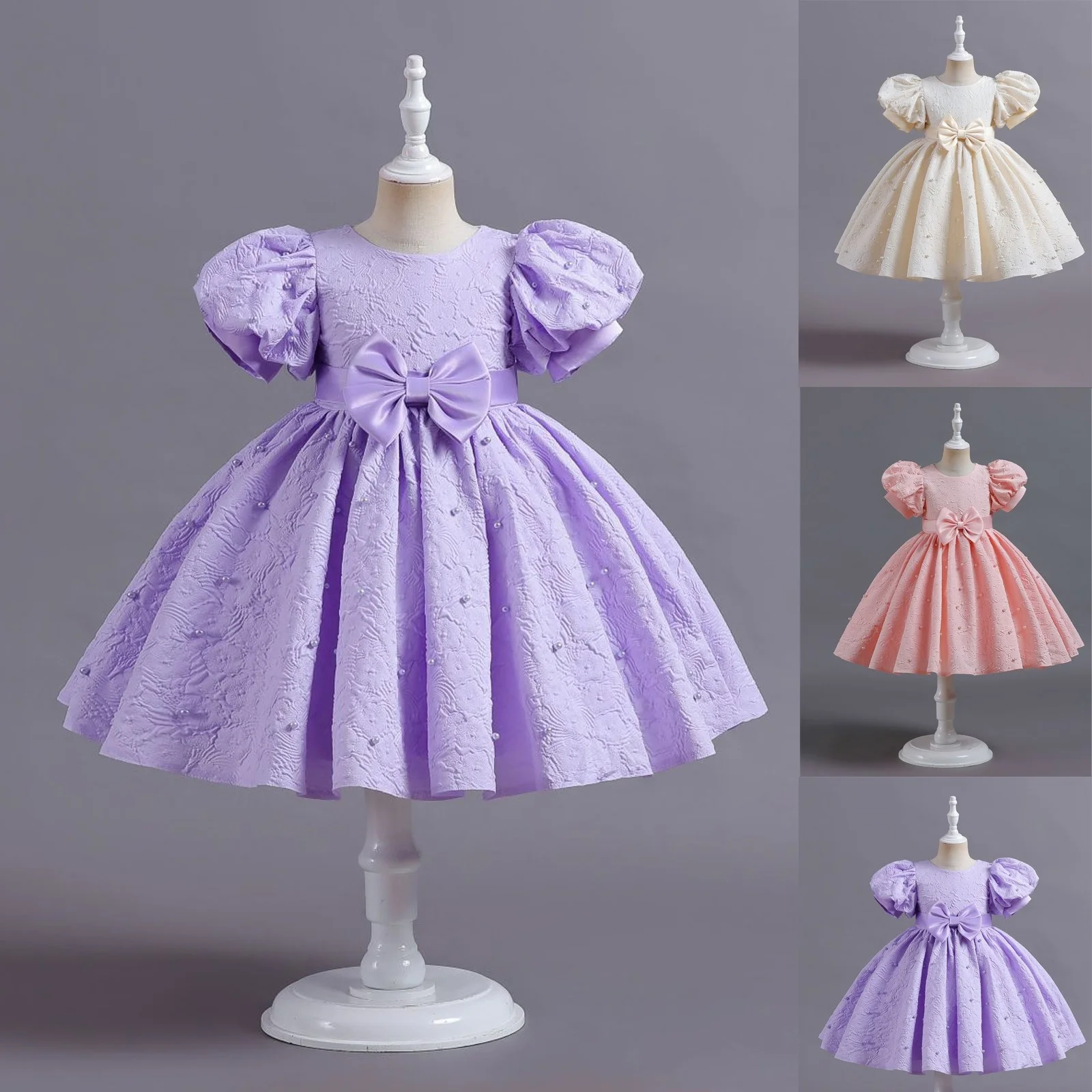 

New Girl'S Bow Tie Bead Bubble Sleeve Solid Color Dress Wedding Flower Boy Graduation Evening Performance Dress