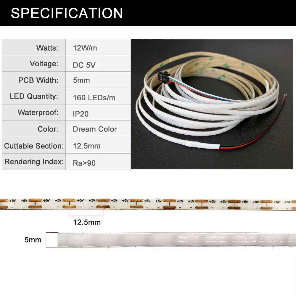 5mm PCB COB Led Strip Light DC5V WS2812 Individually Addressable Luces FOB RGBIC 160Led/M High Density Flexible Pixel Lights